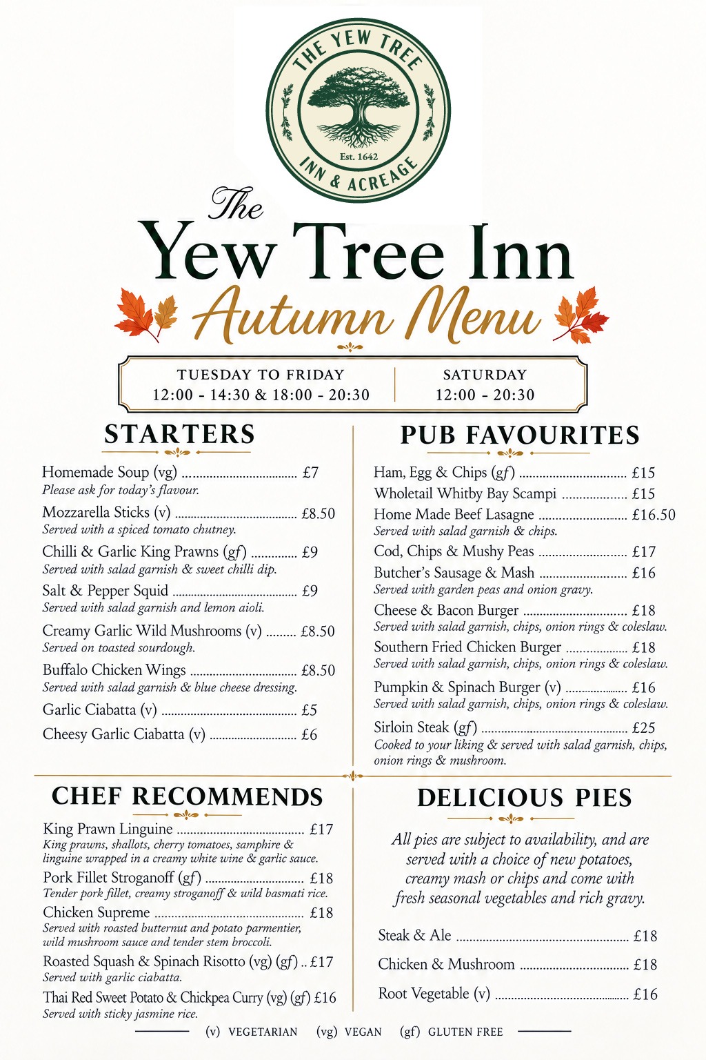 The Yew Tree Inn Autumn Menu