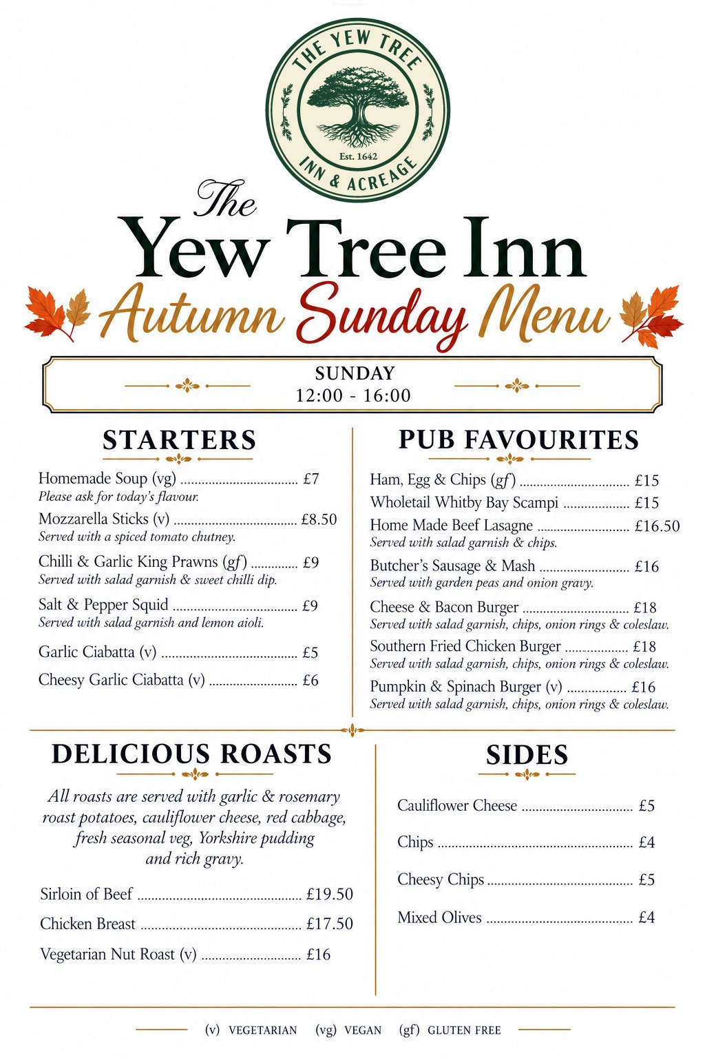 The Yew Tree Inn Autumn Sunday Menu