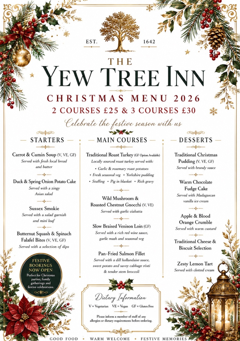 The Yew Tree Inn Christmas Menu 2026