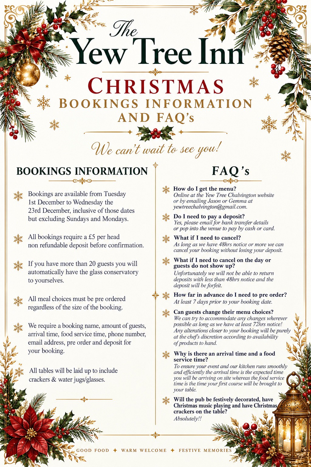 The Yew Tree Inn Christmas Bookings Information and FAQs
